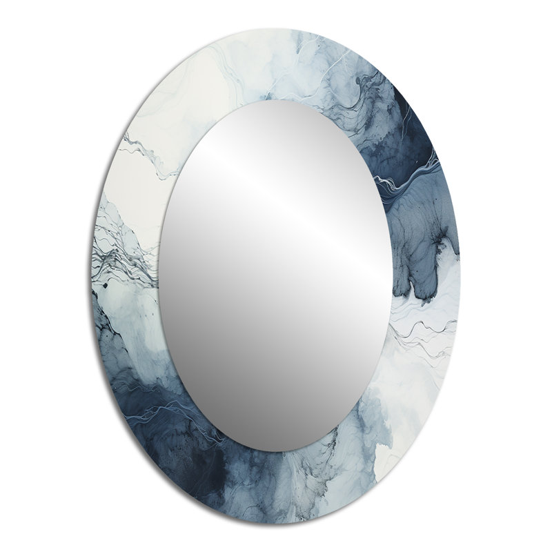 Bleu et blanc Marble River III - Miroir décoratif ovale abstrait sur métal, 40 po x 30 po