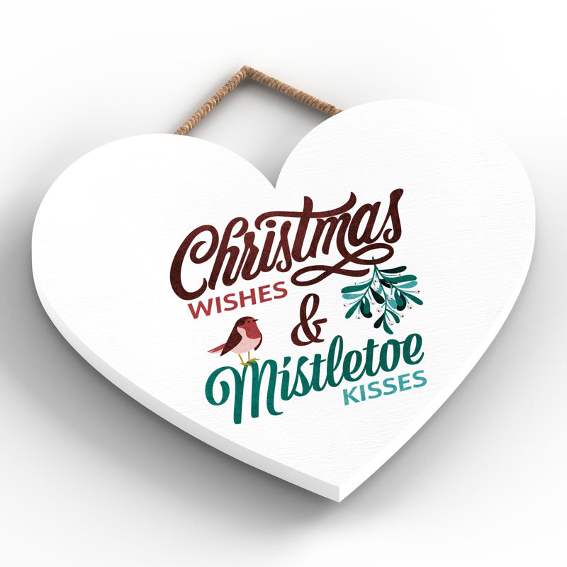 Wishes Kisses Wooden Heart Hanging Plaque, 16cm H x 17cm W x 0.9cm D