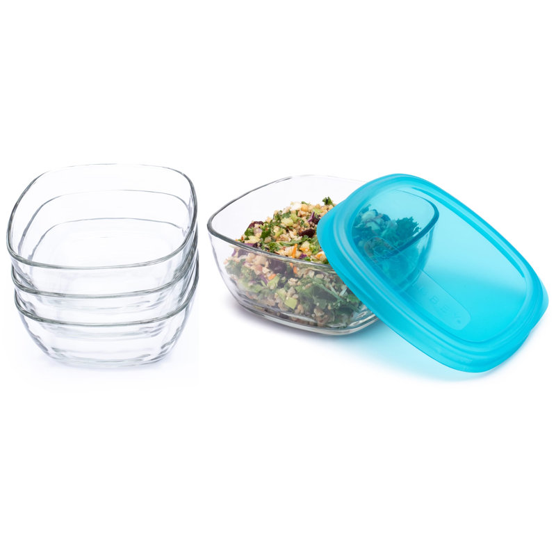 Ensemble de bols en verre 8 pièces Libbey Serve It avec 6 tasses et couvercles en plastique bleus
