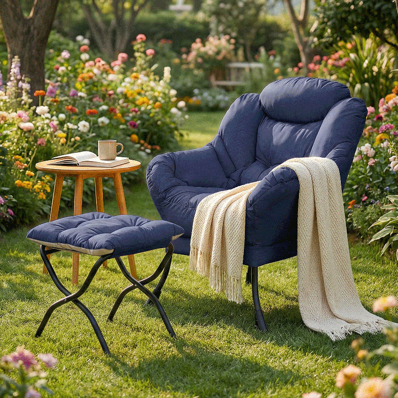 Chaise avec accoudoirs rembourrée avec repose-pieds et repose-pieds moderne, Marine