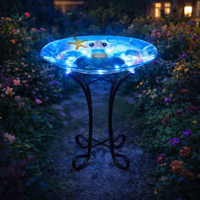 18 Inch Blue Turtle Glass Bird Bath With Solar Led Lights – 2-in-1 Bird Feeder & Outdoor Decor For Patio, Lawn & Garden
