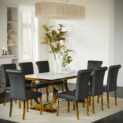 Ensemble de table de salle à manger 9 pièces 9 pièces avec 8 chaises en cuir noir et or