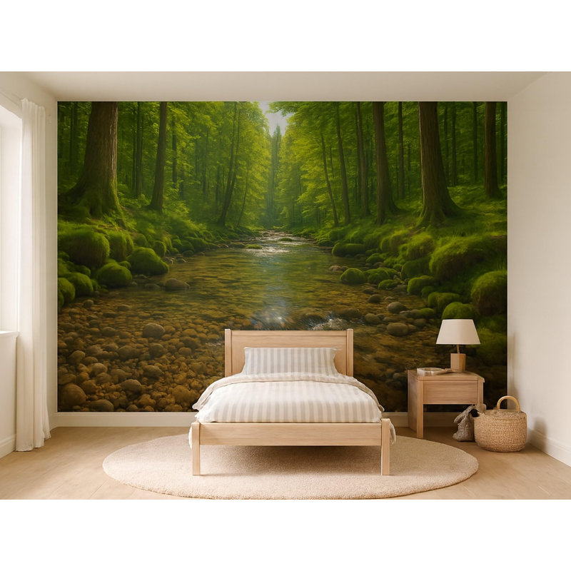 Forest Stream Wall Mural, Peel and Stick Self Adhesive Nature Wallpaper, Removable Satin Finish Woodland Wall Decor for Living Room and Bedroom, 65"W x 96"H