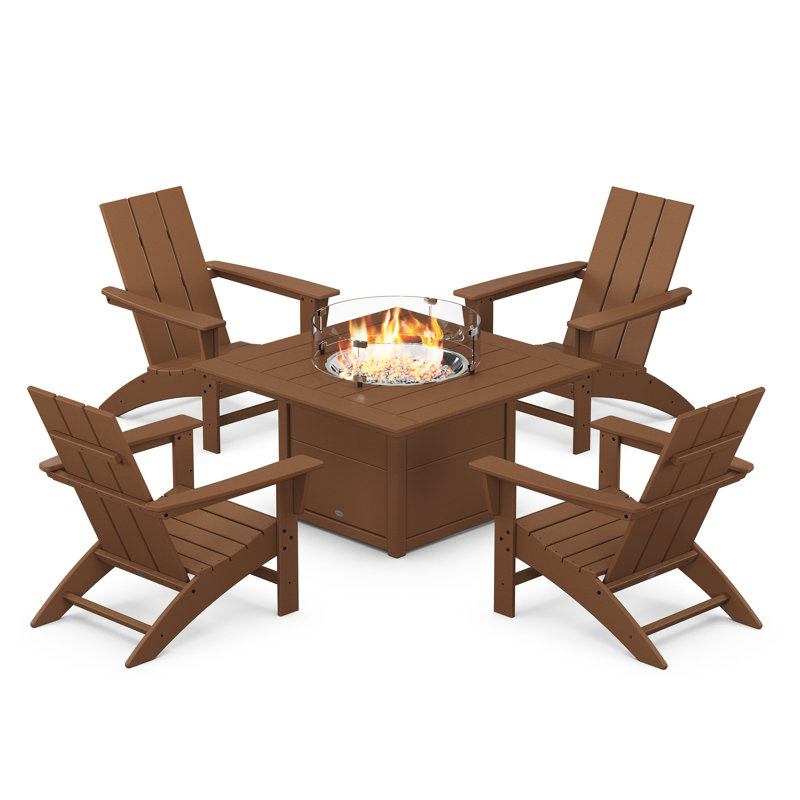 Modern 5-Piece Adirondack Chair Conversation Set with Fire Pit Table, Teak