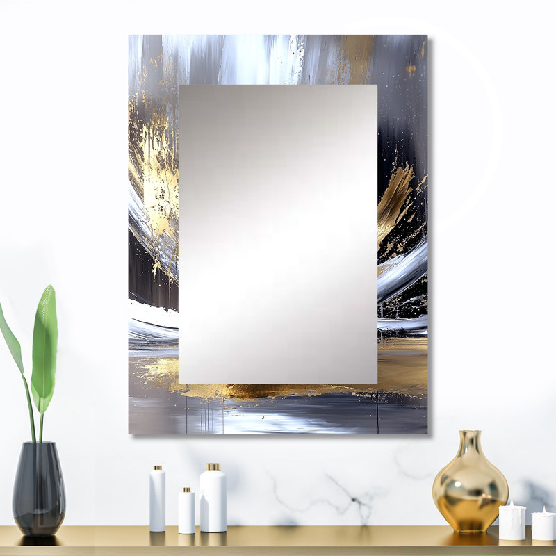 Gold Sturdy Guardians Accented With Grey II - Abstract Decorative Mirror, Modern Wall Mirror, Printed Metal Art, 32" x 24"