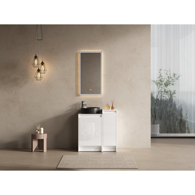 Meuble-lavabo autoportant de 32 po avec lavabo en céramique d'art et 1 petite armoire de rangement, portes à fermeture en douceur, blanc brillant, contreplaqué (emballage KD)