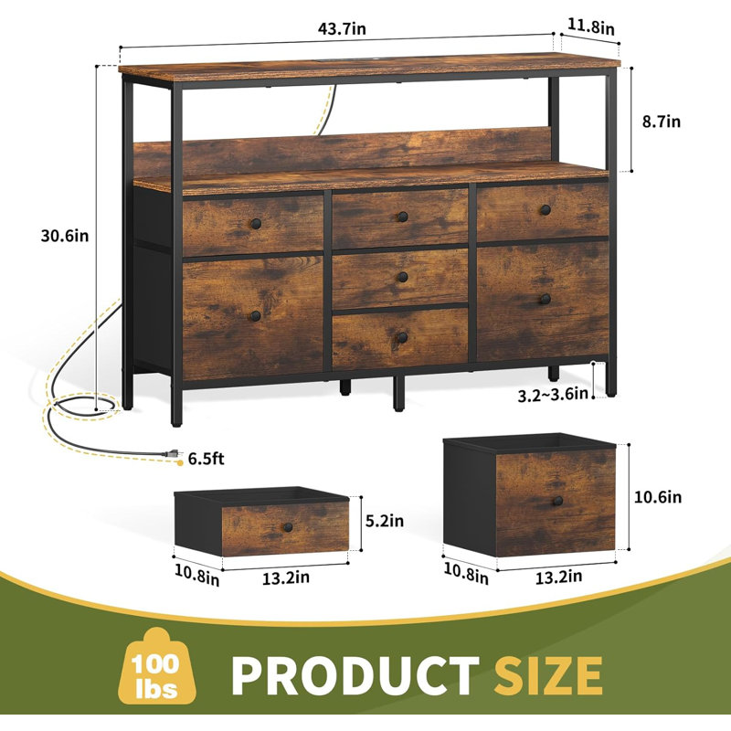 Tv Stand Dresser For Bedroom, 7 Fabric Drawers Entertainment Center, Led Dressers With Power Outlets, Brown