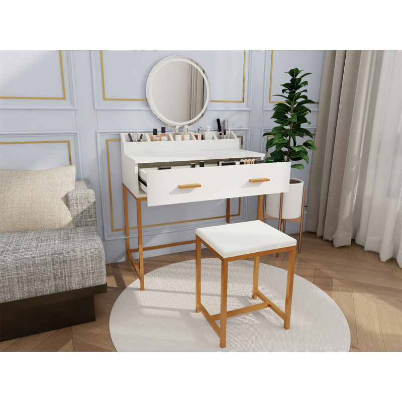 Vanity Set With Mirror And Stool - Makeup Vanity Table With Storage Drawers And Organizer, White And Gold, Space-Saving Design For Small Bedrooms