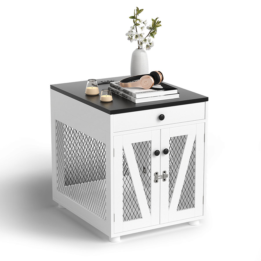 Dog Crate Furniture, Wooden Dog Kennel End Table with USB Charging Station, Storage Drawer, Double Latched Door, Farmhouse Furniture-Style Crate Side Table for Dogs Under 40 lbs, Indoor Use