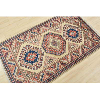 Tapis beige en laine noué à la main de conception unique 3 pi 1 po x 5 pi