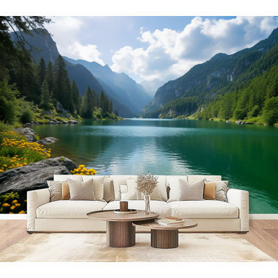 Peel and Stick Wallpaper Serene Mountain Lake Peaceful Landscape Green Forest Majestic Peaks Wall Murals 69"H x 96"W Removable PVC Wall Paper Self-Adhesive Wall Decor for Bedroom Living Room Home Office