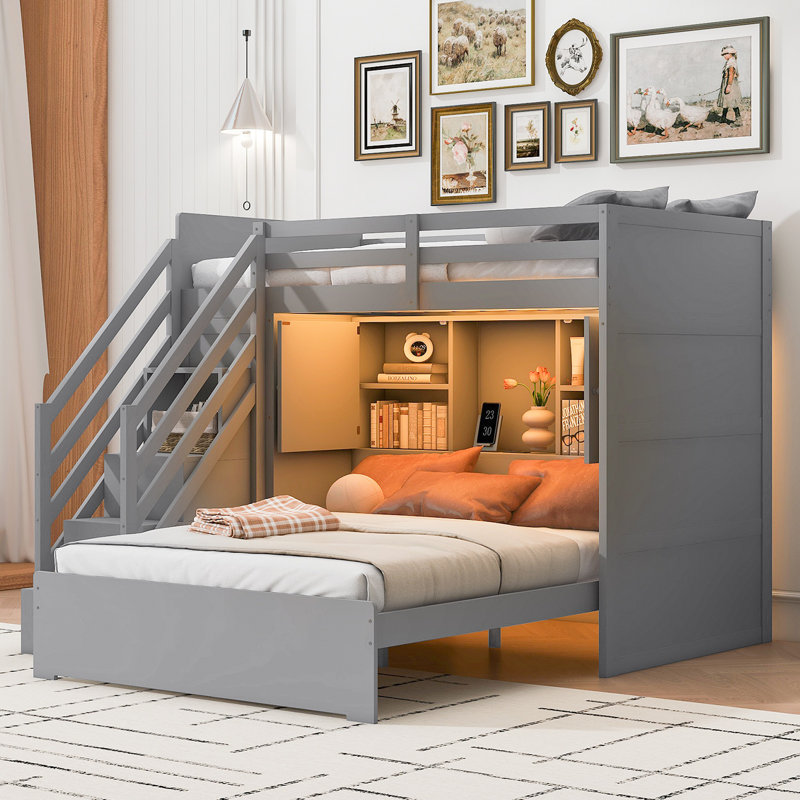 Lit superposé avec escalier de rangement, garde-robe, USB et lumière, Gris