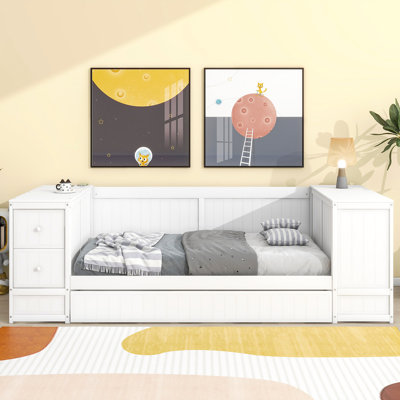 Twin Size Daybed With Storage Arms, Trundle And Charging Station, White