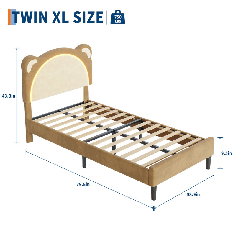 Tête de lit ajustable pour lit simple TG pour enfants - conception d'ours mignon, revêtement en suède doux, lattes de bois robustes, sans bruit, assemblage facile - brun et beige, sans pompage, taille TXL