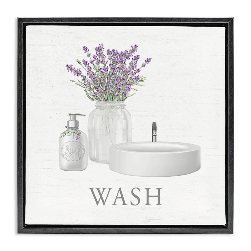 Toile pour salle de bain et brindilles de lavande, art mural encadré flottant, H 18 po x l 18 po, Cadre flottant noir de jais