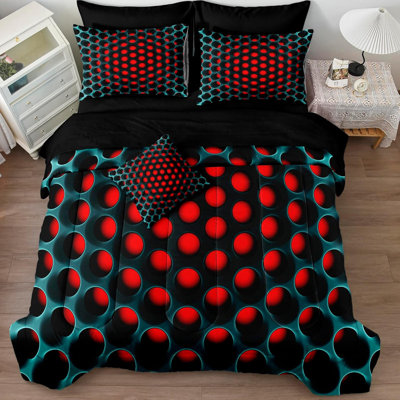 Stereoscopic Bedding Set Red Green Honeycomb Comforter Set 8 Pcs Geometric Bed Set with Sheets Colorful Neon Grid Bedding Quilt Set Soft Lightweight B
