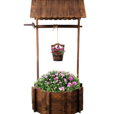 Rustic Wooden Wishing Well Planter With Hanging Bucket, 25 W X L 53 H, Brown Finish For Yard Appeal, Bucket & Shade, 53X25x25