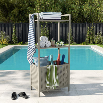 3-tier Storage Rack Metal Shelf With Hooks And Basket, Pool Float Caddy, Rust-resistant Organizer For Poolside Towels, Garden Tools, Home & Office Sup