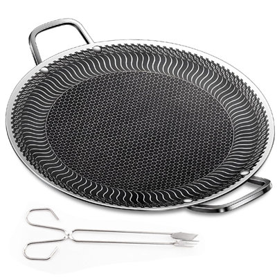 Korean bbq grill pan, 316 stainless steel non-stick griddle plate with honeycomb surface and grill tong, indoor outdoor camping