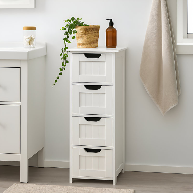 32.3" H White Bathroom Cabinet Floor Storage Cabinet With 4 Drawers