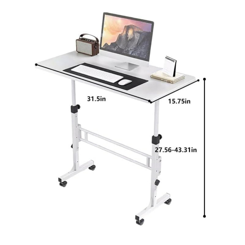 Bureau portatif debout avec roulettes verrouillables, hauteur réglable de 27,5 po à 43,3 po, petit bureau pour ordinateur portable à roulettes pour le bureau à domicile, table d'ordinateur mobile à support assis compact, blanc