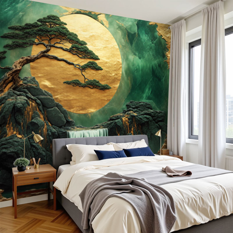 Papier peint adhésif auto-adhésif moderne l 96 "x H 69" pour chambre à coucher Bonsai serein paysage rocheux cascade lune d'or