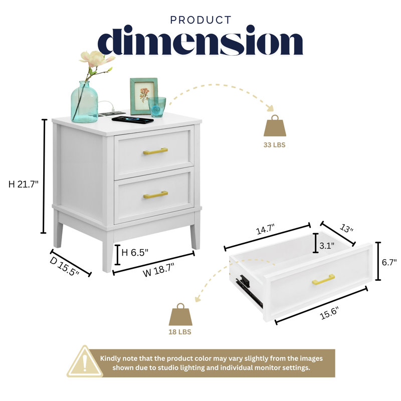Walter Set Of 2 Nightstands With Charging Station, 2 Drawer Bedside Tables With Storage, Night Stands For Bedroom, End Table Or Side Table For Living Room, 15.5" X 18.7" X 21.7", White