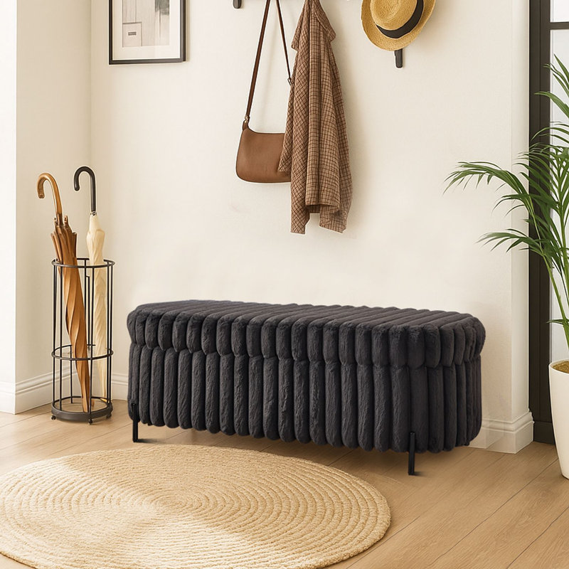 Banc de rangement moderne en velours avec capitonnage et pieds en métal, Gris anthracite