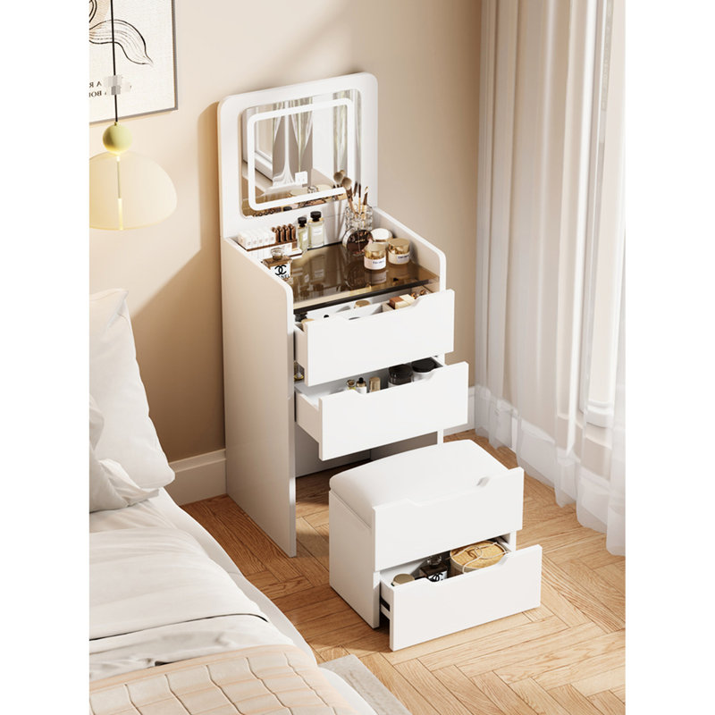 Compact Bedroom Vanity With Glass Desktop And Cushioned Stool, White Dressing Table, Practical Beauty Space 31 Makeup Top Mirror Drawers, Furniture, Functional Desk