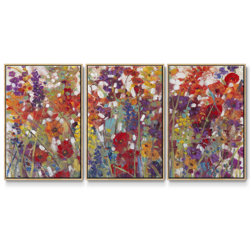 Variété de fleurs II, reproduction sur toile 3 pièces, H 36 po x l 75 po, Encadré naturel