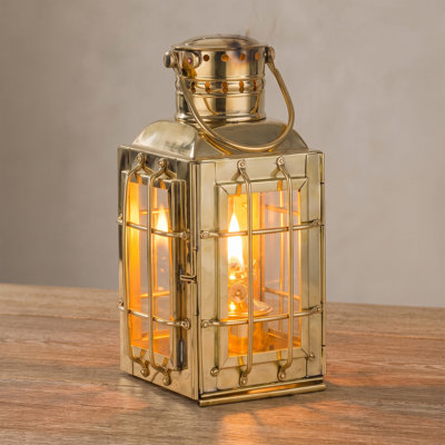 Brass Oil Lamp - 10” Decorative Hurricane Lamp with Antique-Style Brass and Glass Body - Rectangle Kerosene Lantern with Built-In Hook - Oil Lanterns for Indoor and Outdoor Use