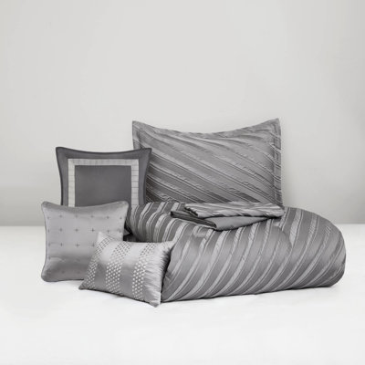 7 Pcs Grey Queen Comforter - Diagonal Pattern, Stylish Bedding With , , All Season Comfort Bedding, Fill, Safe Use