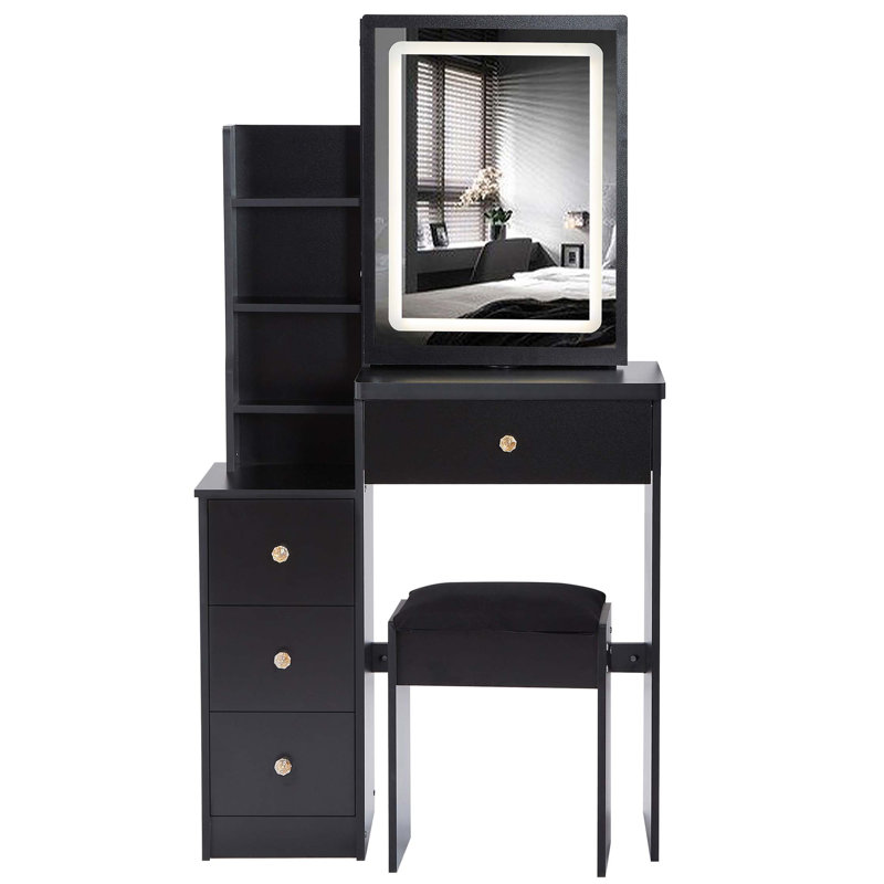 Petit meuble-lavabo de 29,2 po avec tiroir à gauche + tabouret rembourré, 2 blocs d'alimentation CA + 2 ports USB, support pour séchoir à cheveux, très grand miroir à DEL coulissant à contrôle tactile, changement de luminosité tricolore, réglage de la luminosité