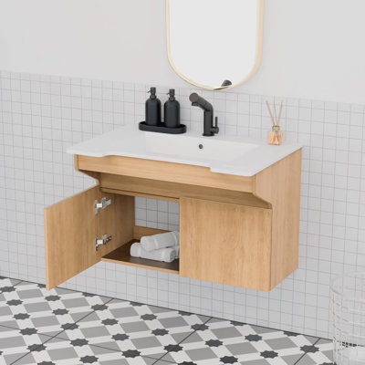 Meuble-lavabo mural simple flottant 32 po avec lavabo en résine intégré, poignées latérales et portes à fermeture en douceur