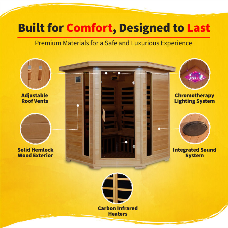 HEATWAVE Tucson 4 Person Hemlock Low EMF Infrared Wood Sauna for Home & Indoor Relaxation – With 9 Carbon Heaters, Chromotherapy Lighting, Tempered Glass Door, Built-In Stereo Sound System