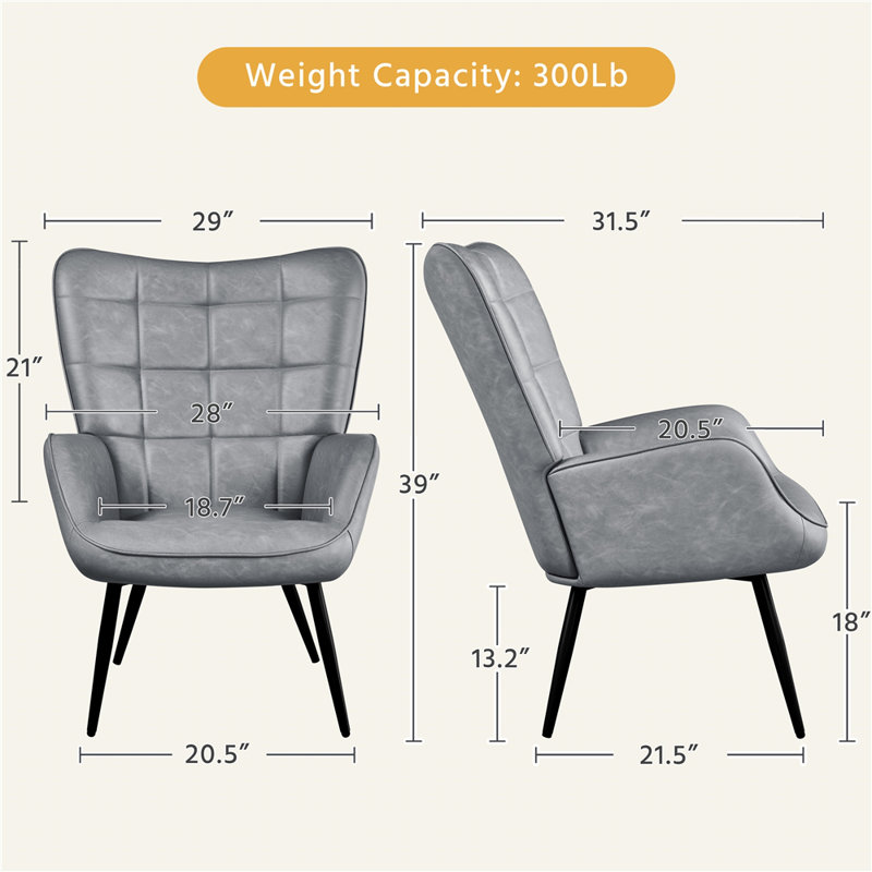 Aichele 29" W x 31.5" D Faux Leather Wingback Chair, Gray Faux Leather