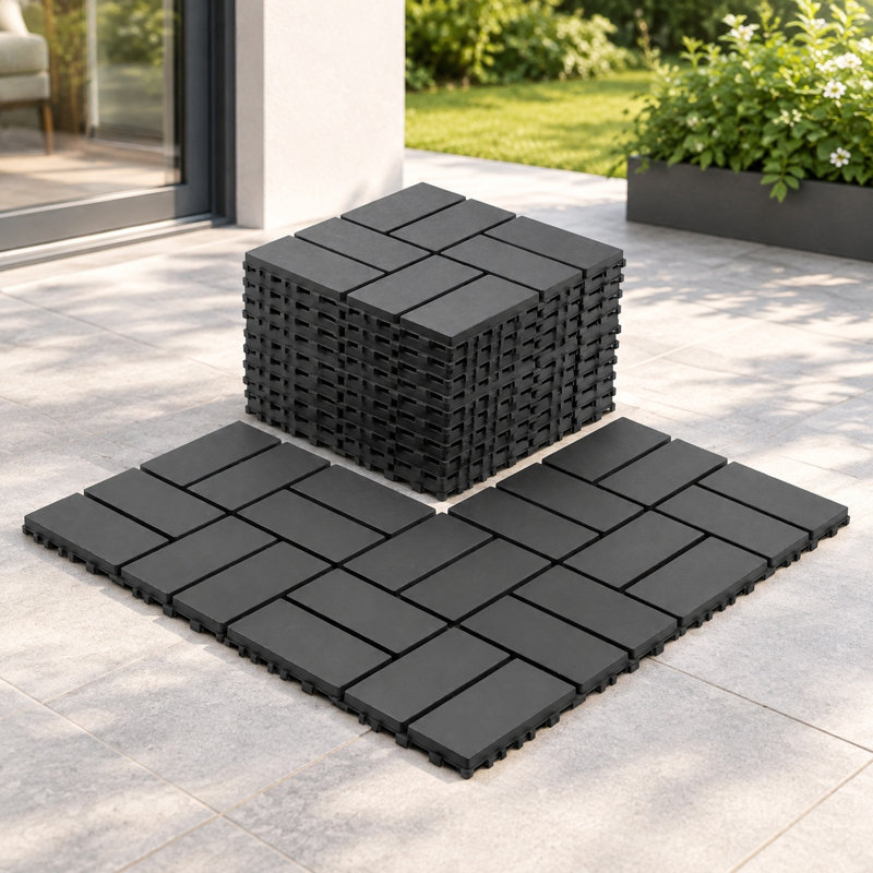 Ensemble de 44 dalles de terrasse extérieures emboîtables en plastique gris foncé