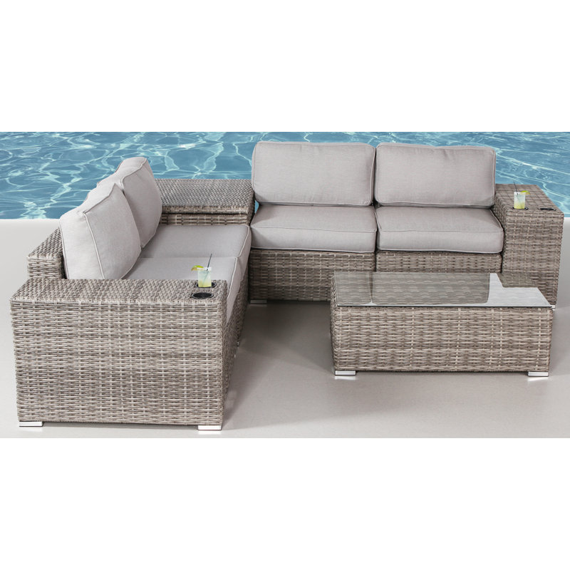 Demarest Wicker Fully Assembled 4 Person Seating Group with Sunbrella Cushions, Olefin Gray