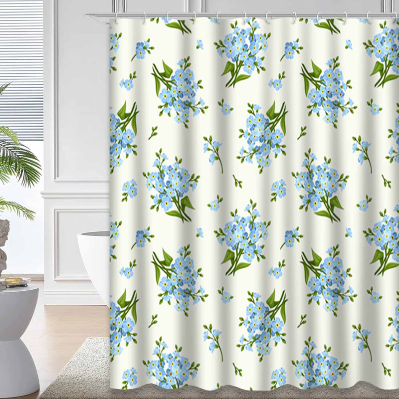 Rideau de douche à fleurs bleues à motif floral ivoire avec 12 crochets, 72" L x 78" W