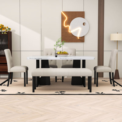 Ensemble de table de salle à manger 6 pièces, table de salle à manger en faux marbre avec pieds en bois d'hévéa, chaises rembourrées et banc