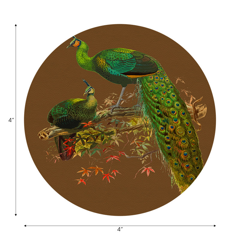 Family Pheasants Pinot Vegan Leather Round Coasters, Brown