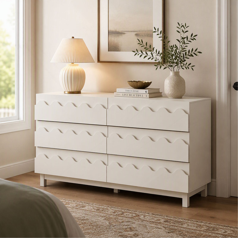 Commode ivoire de 60 pouces à 6 tiroirs avec façade ondulée, meuble télé moderne et armoire de rangement pour chambre à coucher