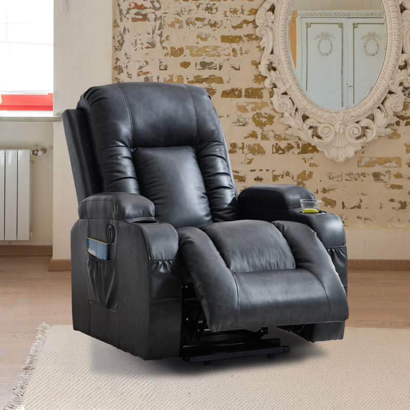 Emalina 39.76"W Breathable Faux Leather Power Recliner, Massage, Heater, Standing Assistance, Dark Gray