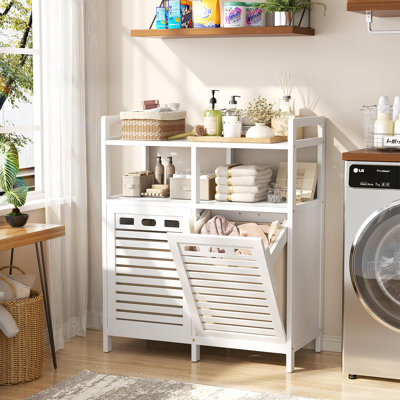 Tilt Out Laundry Hamper Cabinet, Bamboo Double Laundry Hamper With 2 Removable Laundry Baskets(White)