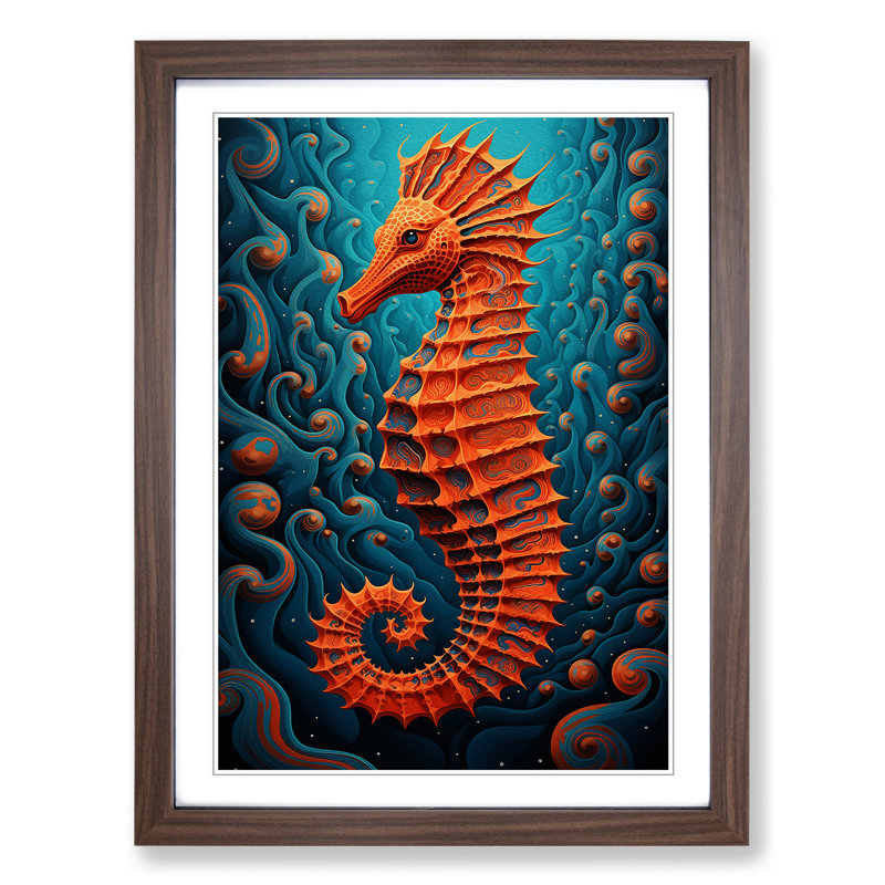 Seahorse Op - Single Picture Frame Print on Wood, 46cm H x 34cm W x 2cm D, Walnut