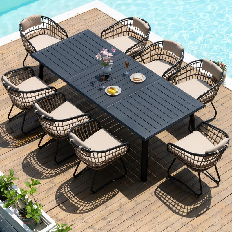 8 - Person Rectangular Aluminum Dining Set with Blue Cushions (Set of 9), Blue