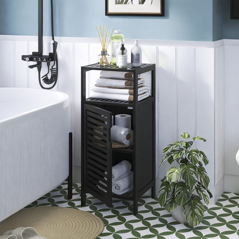 Amaal Bamboo Freestanding Linen Cabinet, Black