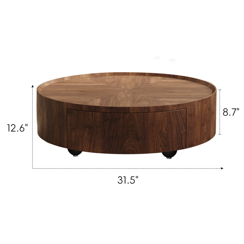 Walnut Wood Grain Pattern Round Coffee Table With Dual Drawers For Living Room, 12.6" H x 31.5" L x 31.5" W