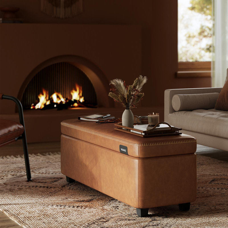 Upholstered Storage Bench, Caramel Brown