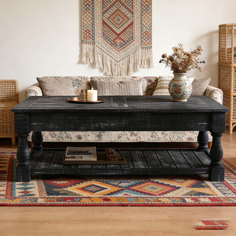 Farmhouse Lift Top Coffee Table Hidden Storage Trays Fixed Shelf, Antique Black, Antique Black